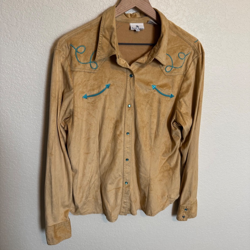 Western Boho Cowgirl Angel Ranch Faux Suede Snap Shirt XL Tan Turquoise